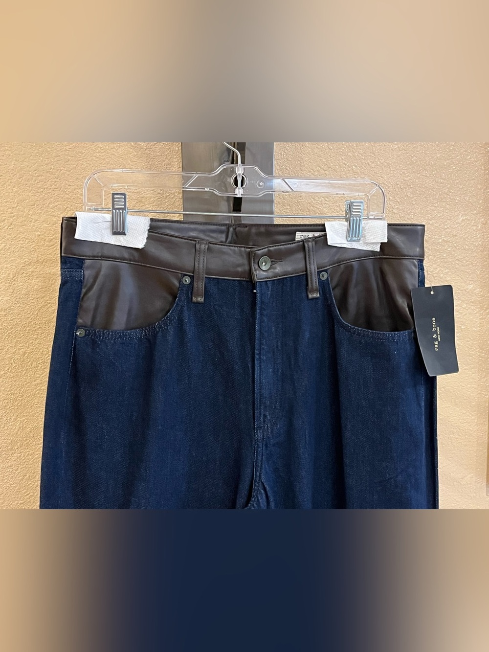 Rag & bone Lori mid-rise wide-leg jeans w/ faux leather accents Dark blue 30 NWT - Picture 3 of 12